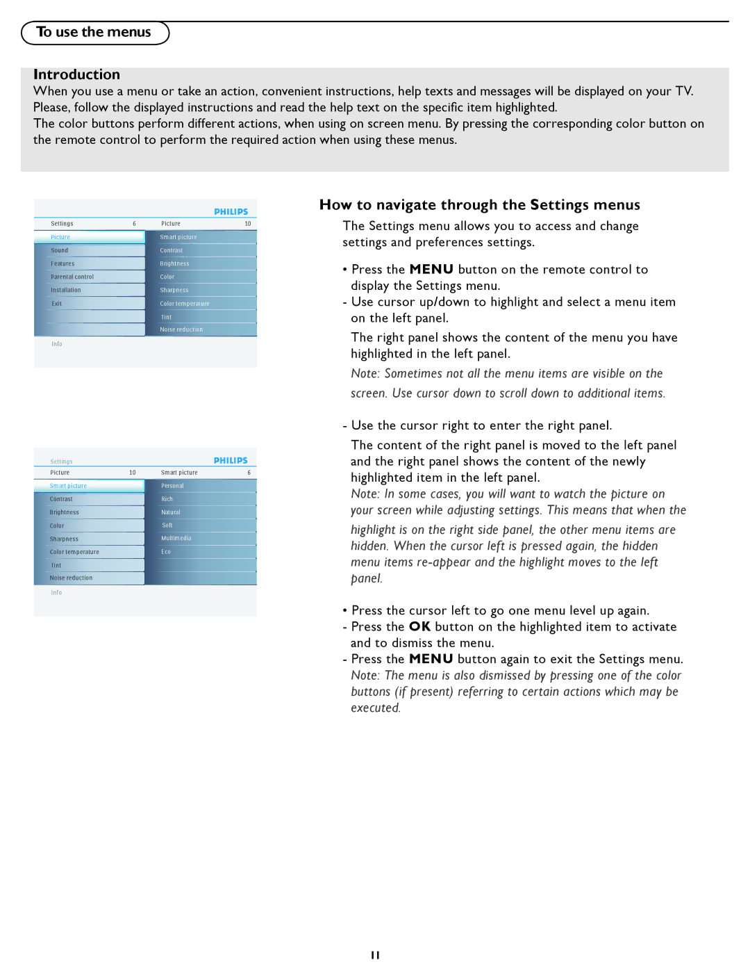 Philips 47PFL5422D manual To use the menus Introduction, How to navigate through the Settings menus 