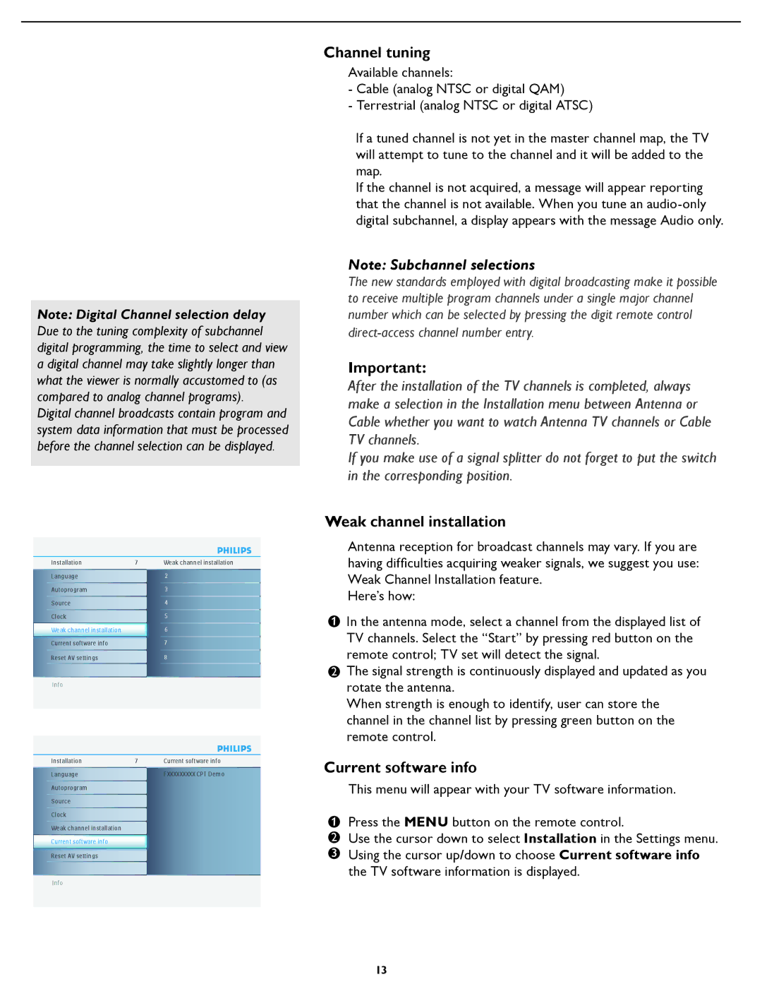 Philips 47PFL5422D manual Channel tuning, Weak channel installation, Current software info 