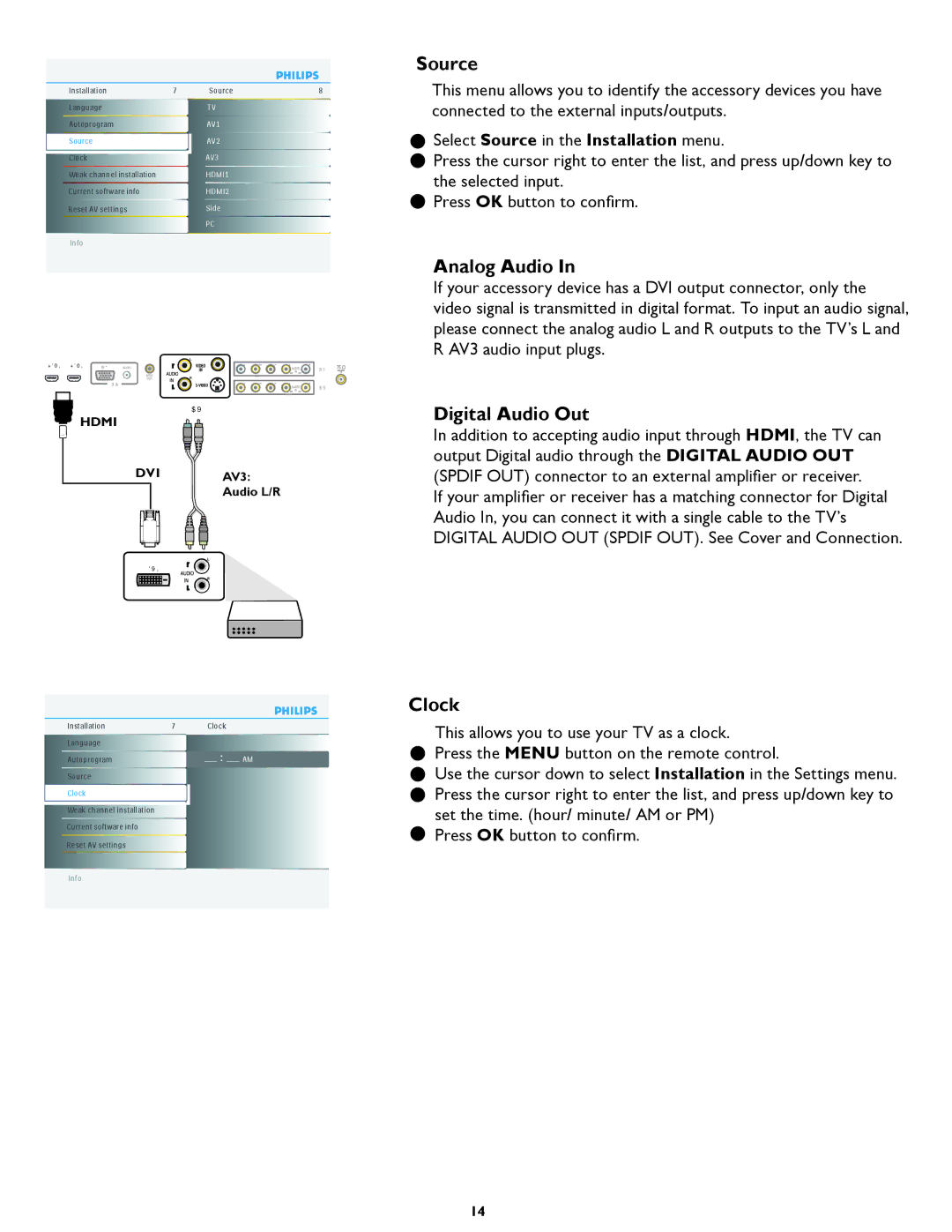Philips 47PFL5422D manual Source, Analog Audio, Digital Audio Out, Clock 