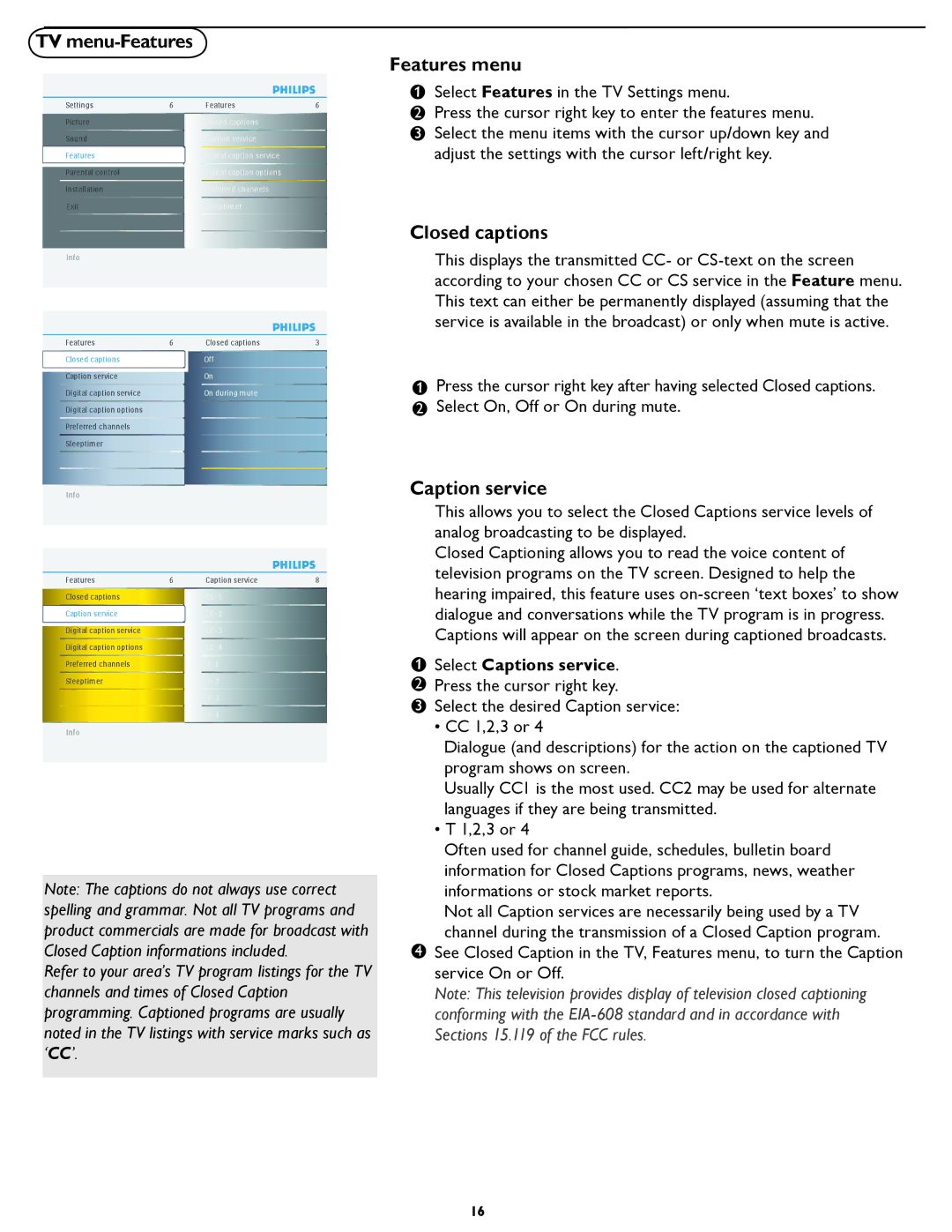 Philips 47PFL5422D manual TV menu-Features, Features menu, Closed captions, Caption service, Select Captions service 