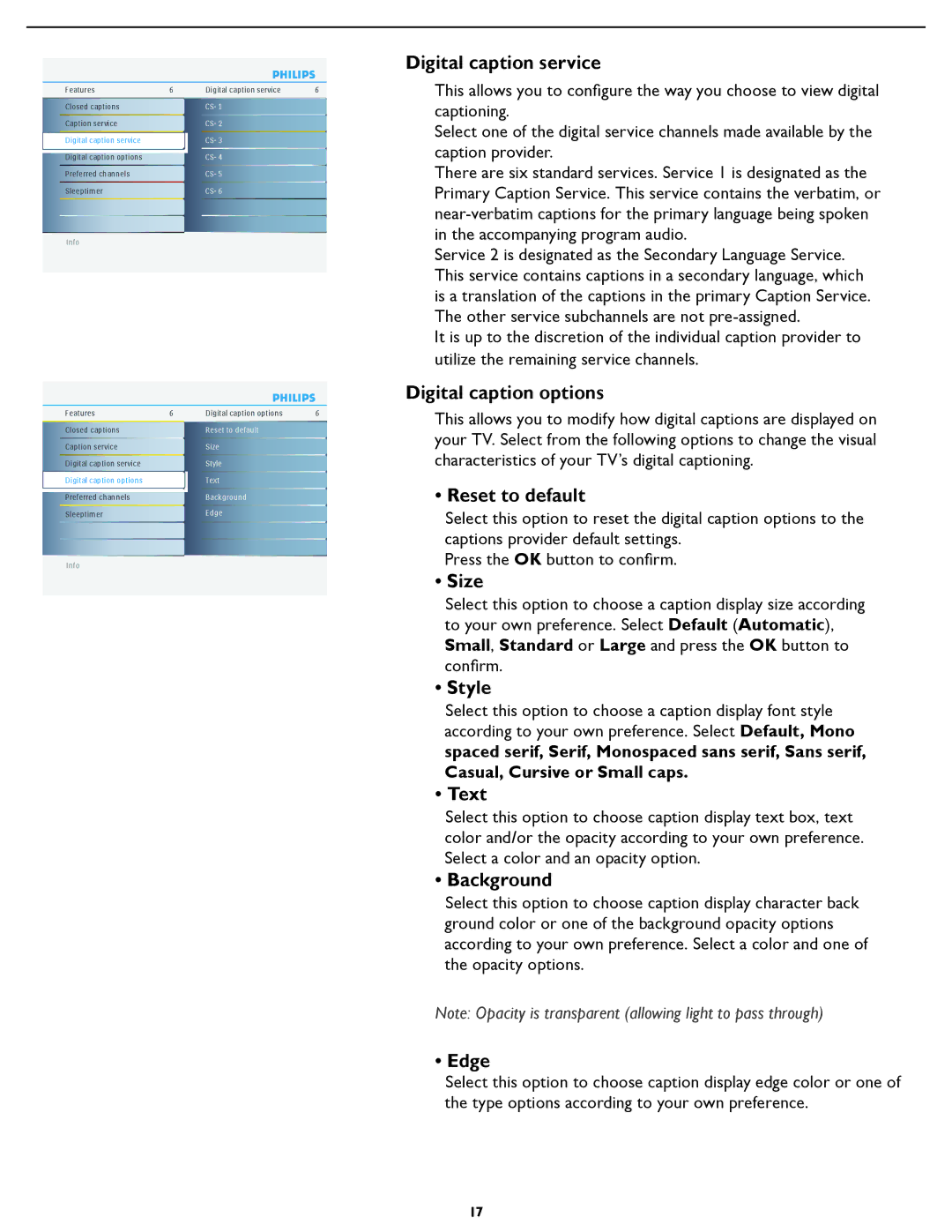 Philips 47PFL5422D Digital caption service, Digital caption options, Reset to default, Size, Style, Text, Background, Edge 