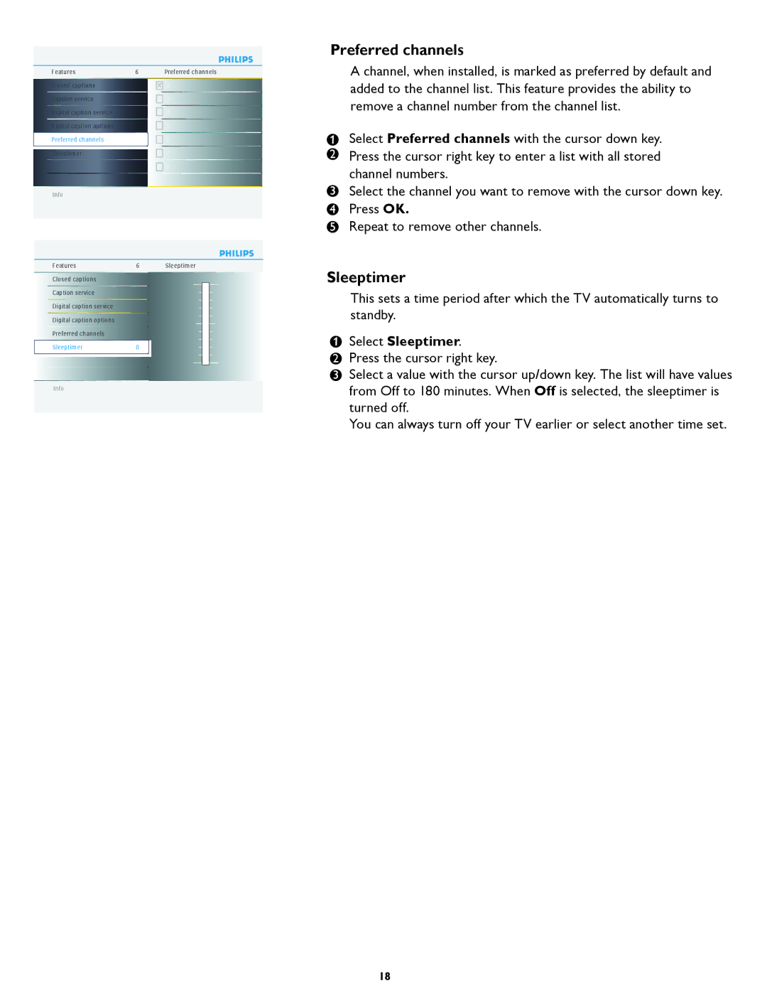 Philips 47PFL5422D manual Preferred channels, Sleeptimer 