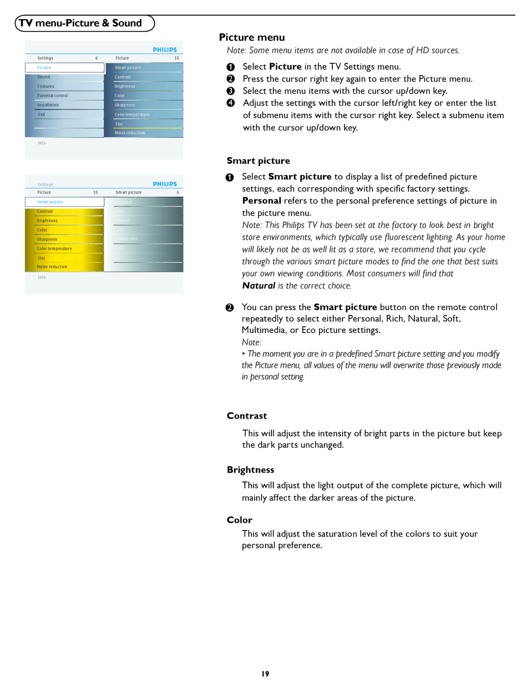 Philips 47PFL5422D manual TV menu-Picture & Sound, Picture menu 