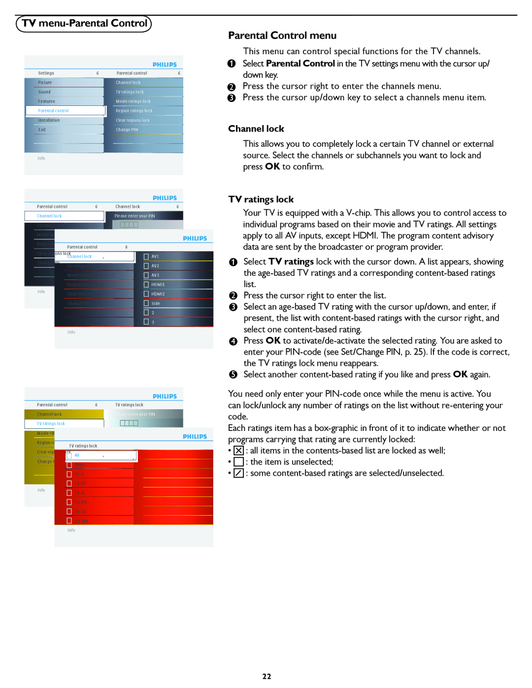 Philips 47PFL5422D manual TV menu-Parental Control, Parental Control menu, Channel lock, TV ratings lock 