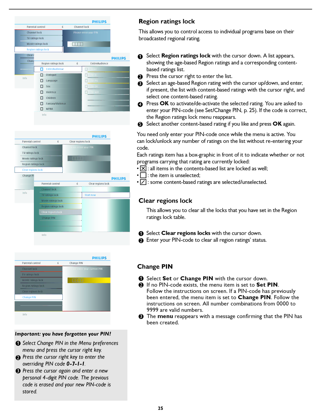 Philips 47PFL5422D manual Region ratings lock, Clear regions lock, Change PIN 