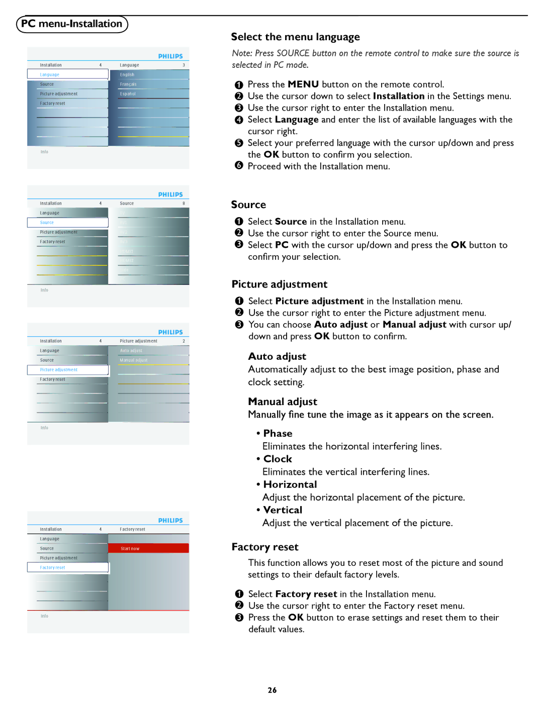 Philips 47PFL5422D manual PC menu-Installation, Picture adjustment, Manual adjust, Factory reset 