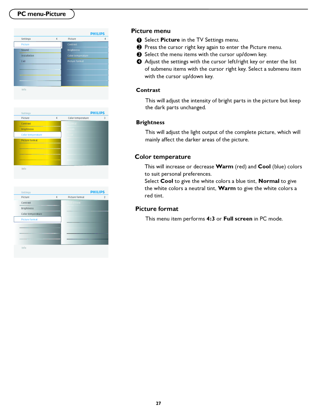 Philips 47PFL5422D manual PC menu-Picture, Color temperature, Picture format 