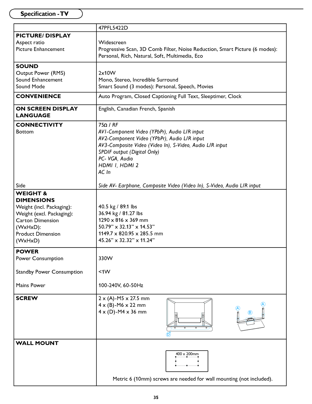 Philips 47PFL5422D manual Speciﬁcation -TV, PICTURE/ Display 