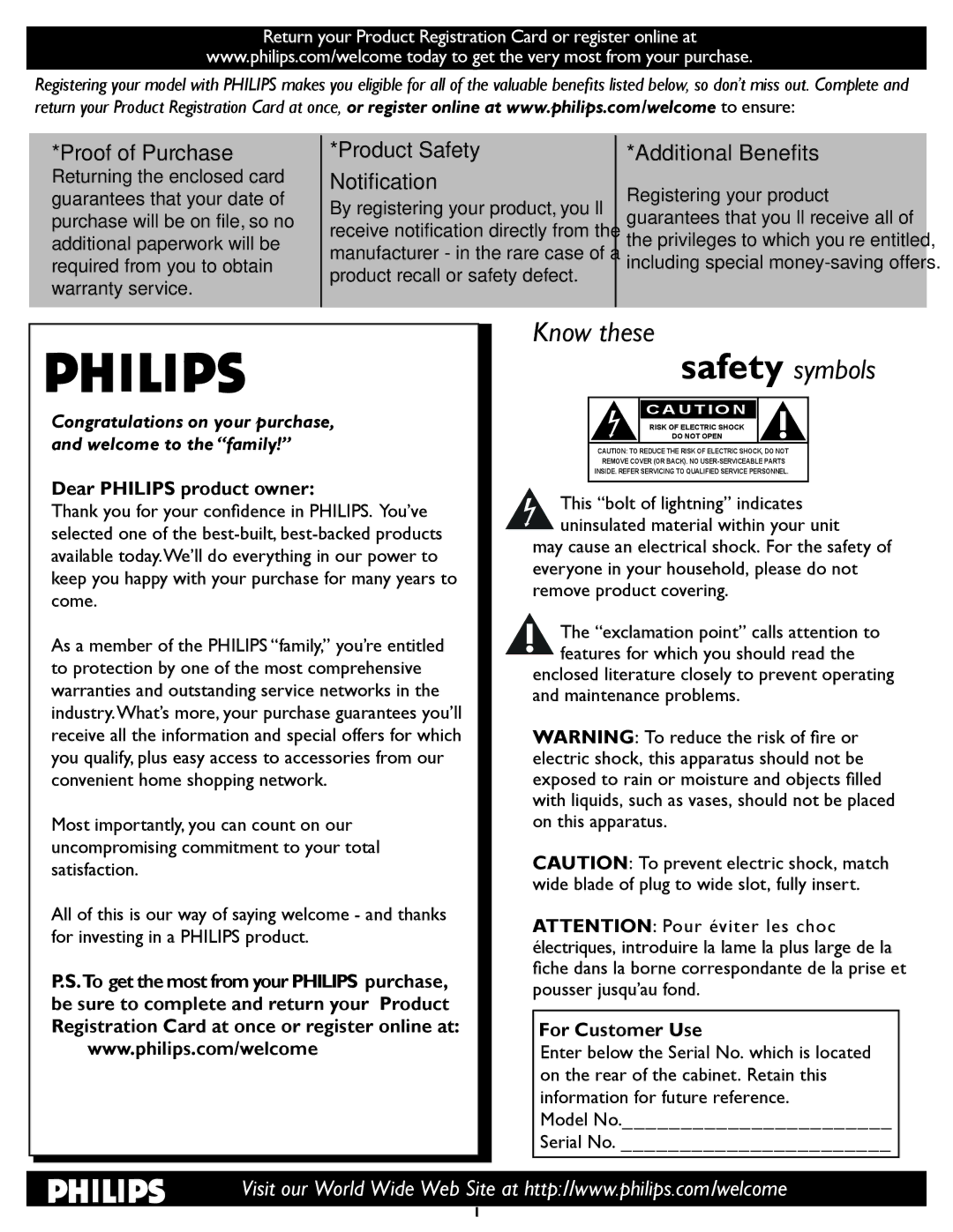 Philips 47PFL5422D manual Dear Philips product owner, For Customer Use 