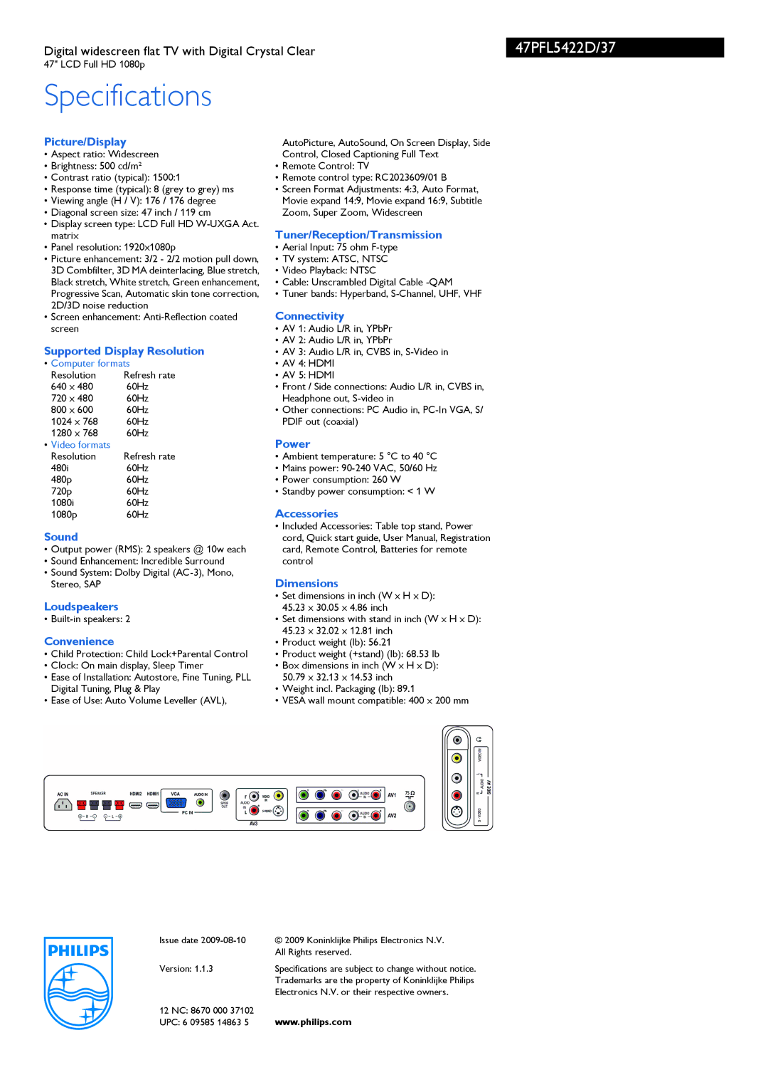 Philips 47PFL5422D/37 Picture/Display, Supported Display Resolution, Sound, Loudspeakers, Convenience, Connectivity, Power 