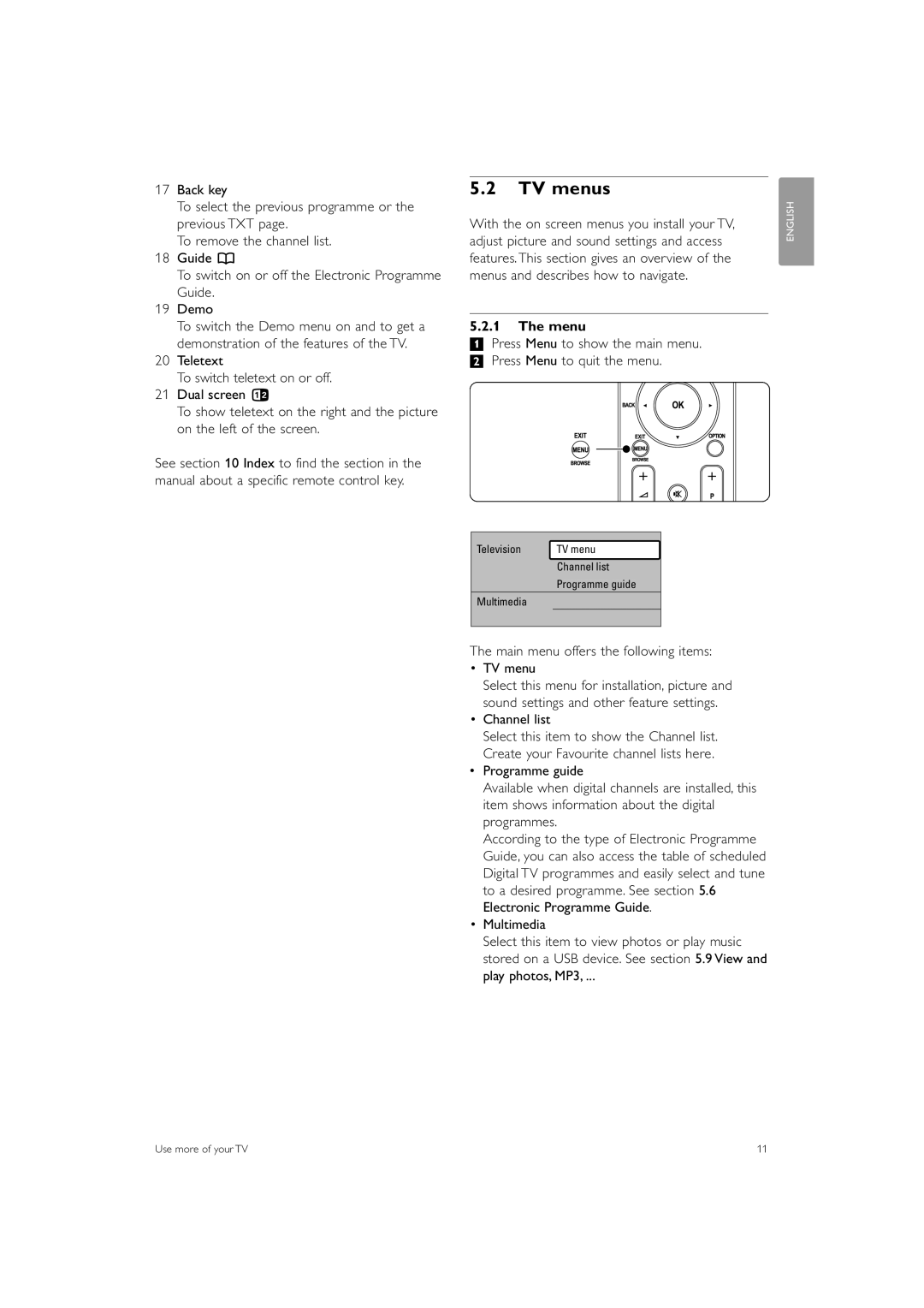 Philips 42PFL5603, 47PFL5603, 32PFL7403 manual TV menus, Menu, Main menu offers the following items TV menu 