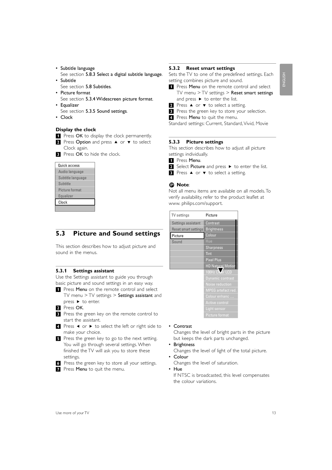 Philips 47PFL5603, 42PFL5603 manual Picture and Sound settings, Display the clock, Settings assistant, Reset smart settings 