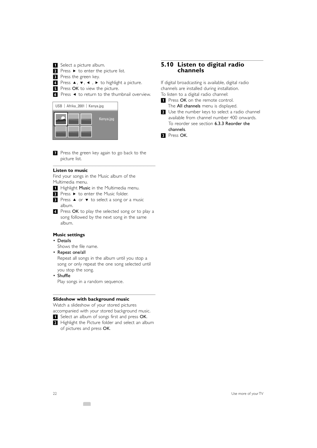 Philips 47PFL5603 manual Listen to digital radio channels, Listen to music, Music settings, Slideshow with background music 