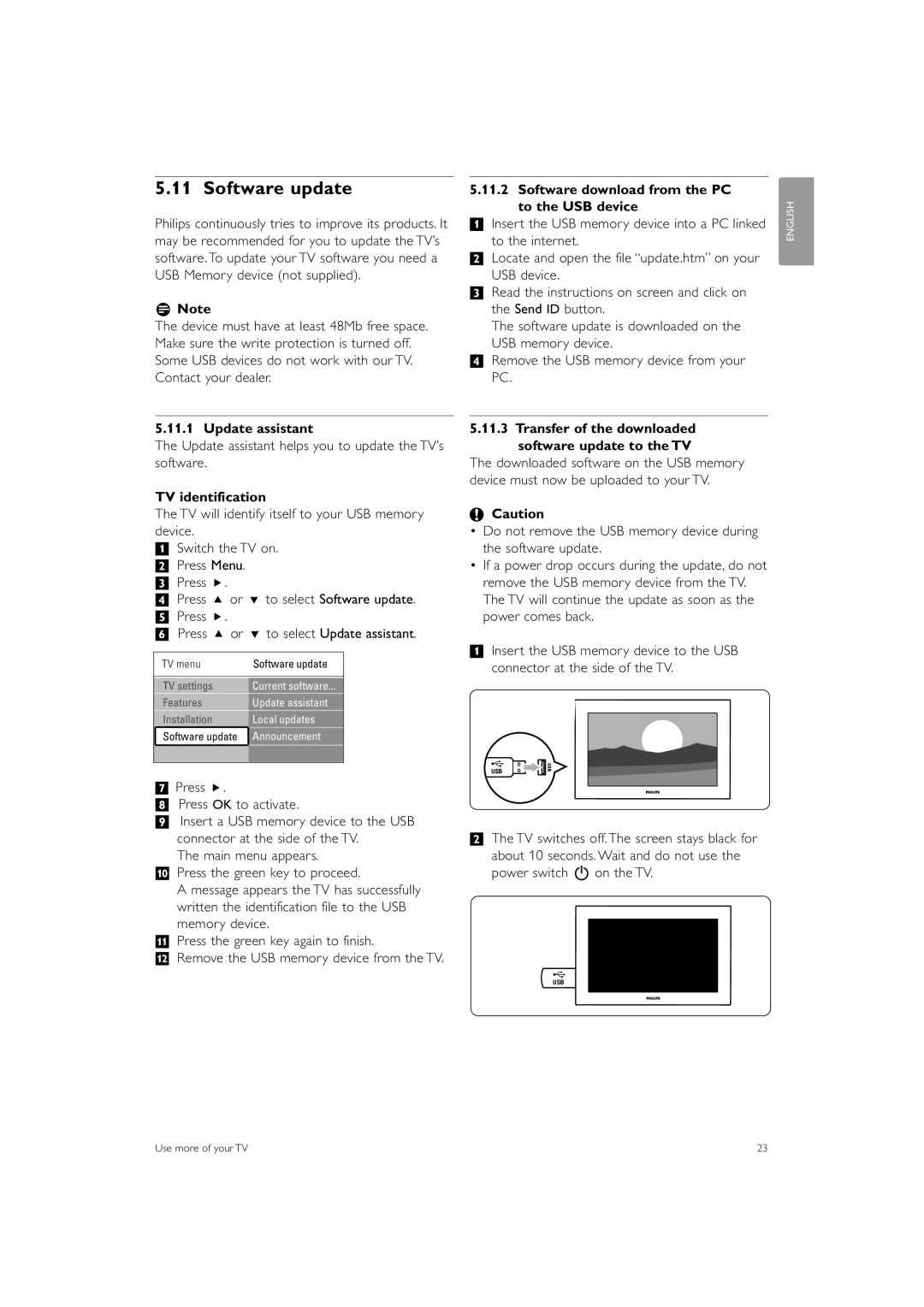 Philips 42PFL5603 Software update, Update assistant, TV identification, Software download from the PC To the USB device 