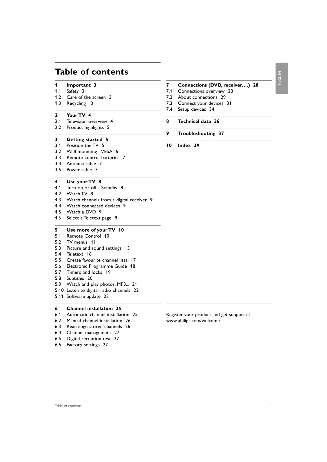 Philips 47PFL5603, 42PFL5603, 32PFL7403 manual Table of contents 