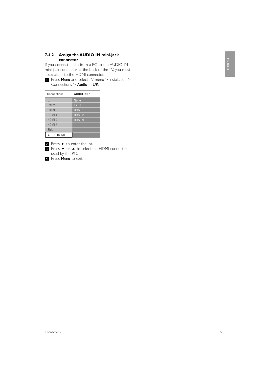 Philips 42PFL5603, 47PFL5603, 32PFL7403 manual Assign the Audio in mini-jack Connector 