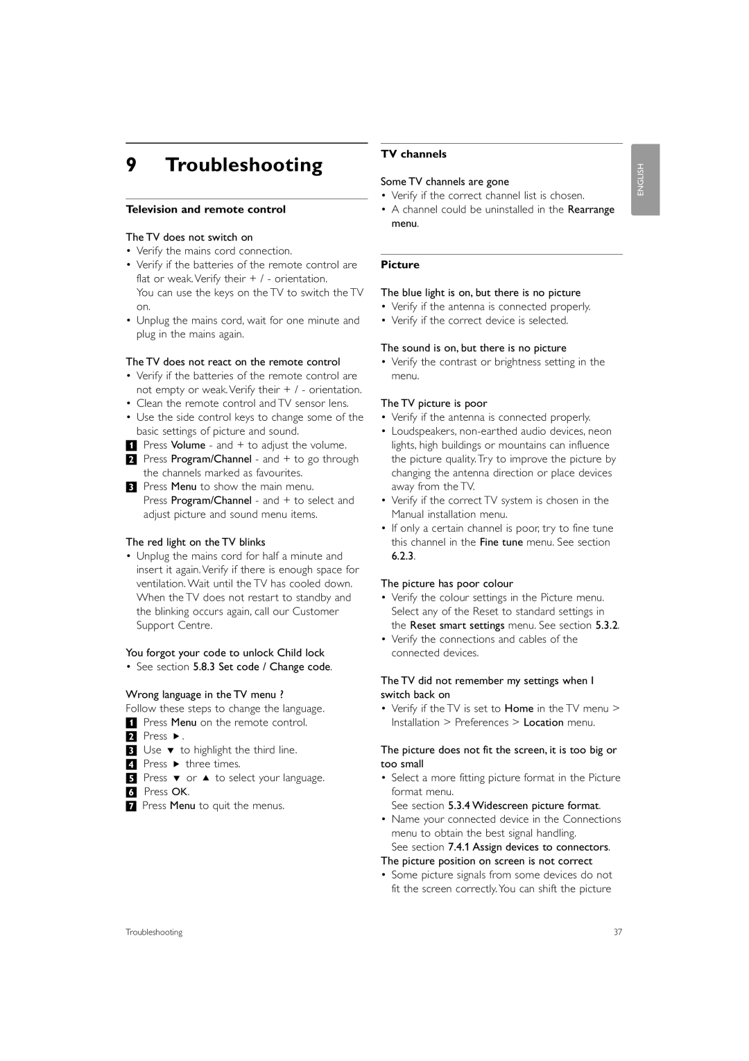 Philips 47PFL5603, 42PFL5603, 32PFL7403 manual Troubleshooting, Television and remote control, TV channels, Picture 