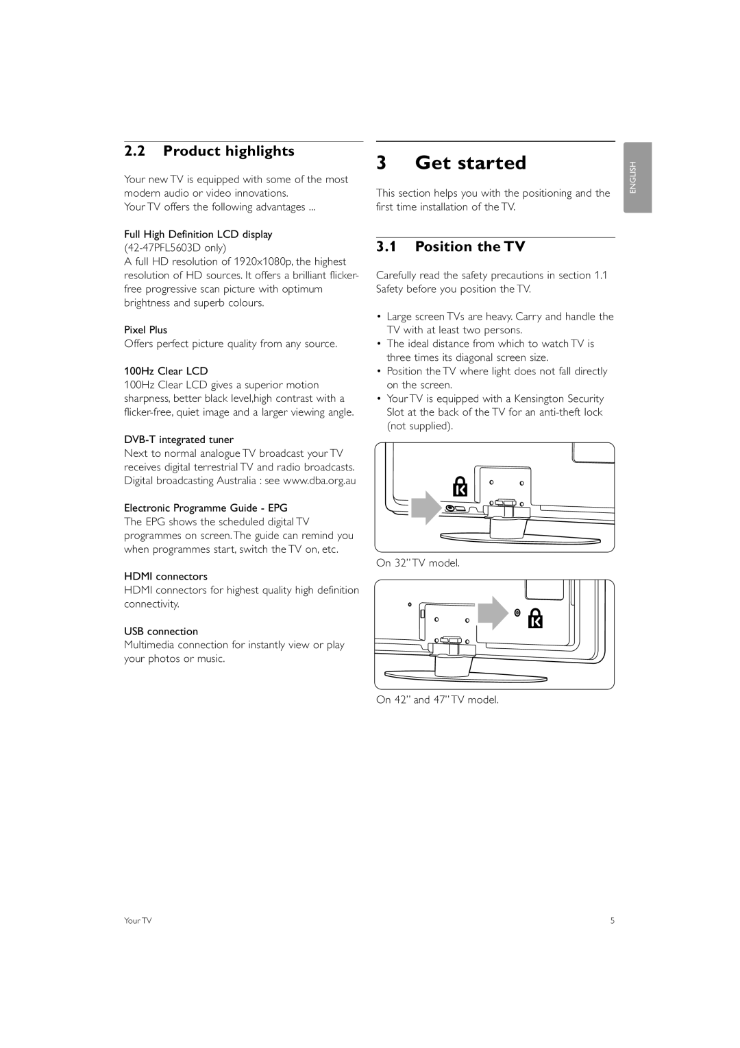 Philips 42PFL5603, 47PFL5603, 32PFL7403 manual Get started, Product highlights, Position the TV 