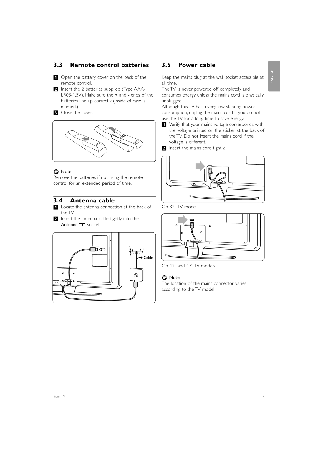 Philips 47PFL5603, 42PFL5603, 32PFL7403 Remote control batteries, Antenna cable, Power cable, Marked Close the cover RNote 