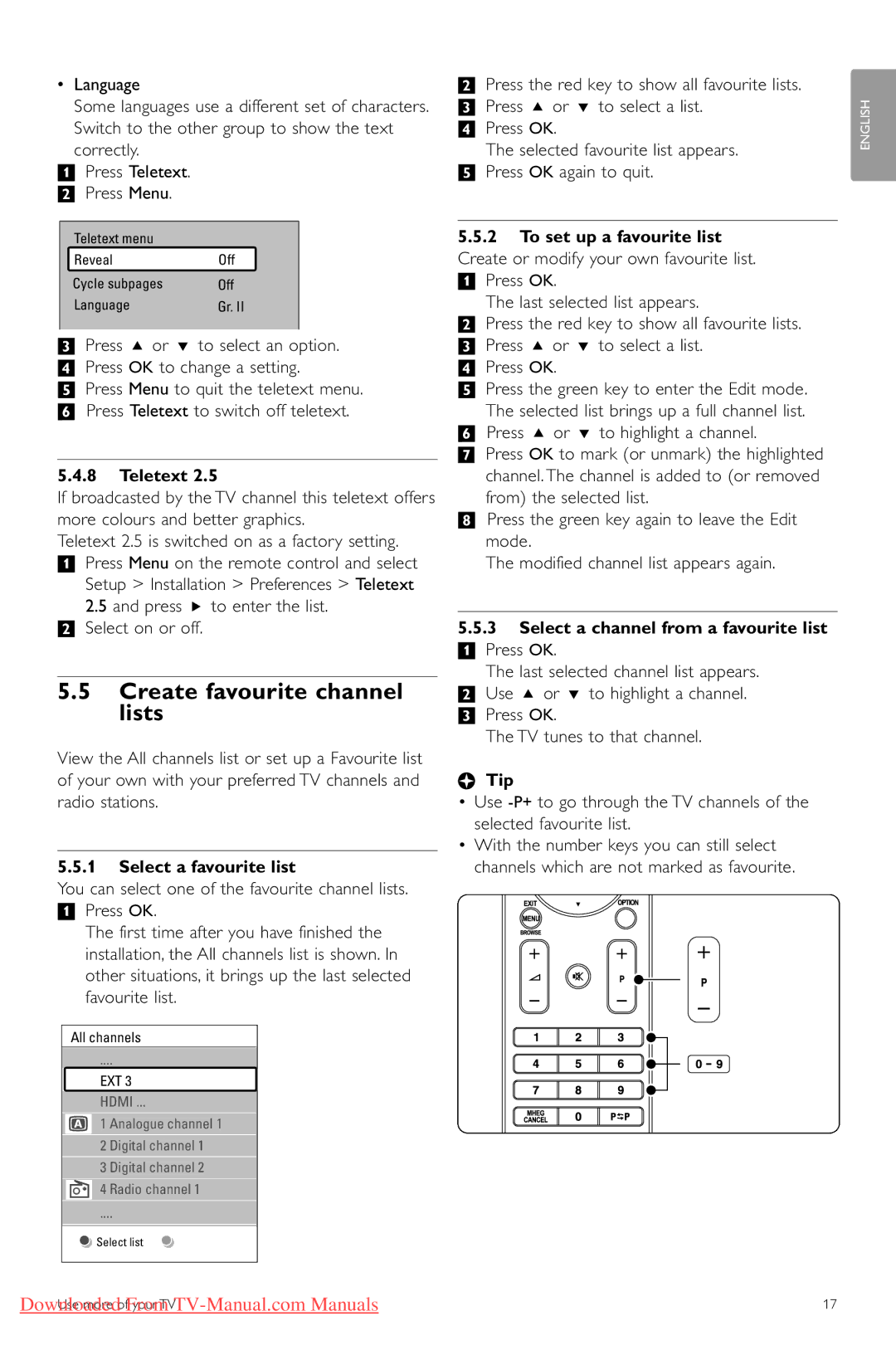 Philips 42PFL5603, 47PFL5603, 32PFL7403 manual Create favourite channel lists, Teletext, Select a favourite list 