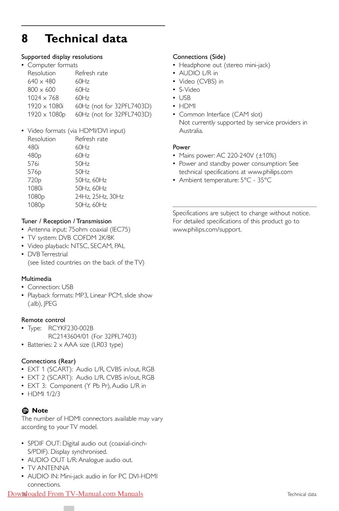 Philips 32PFL7403, 47PFL5603, 42PFL5603 manual Technical data, 1920 x 1080p, Audio OUT L/R Analogue audio out 