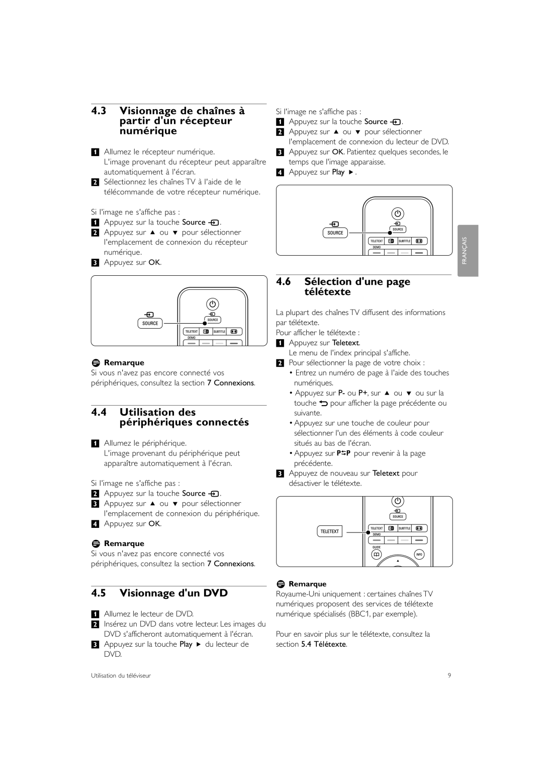 Philips 37PFL7403 manual Visionnage de chaînes à partir dun récepteur numérique, Utilisation des périphériques connectés 