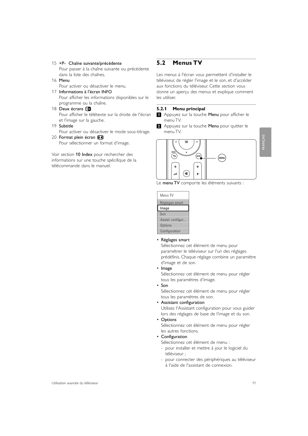 Philips 37PFL7403, 47PFL7403 manual Menus TV, Format plein écran q Pour sélectionner un format dimage, Menu principal 