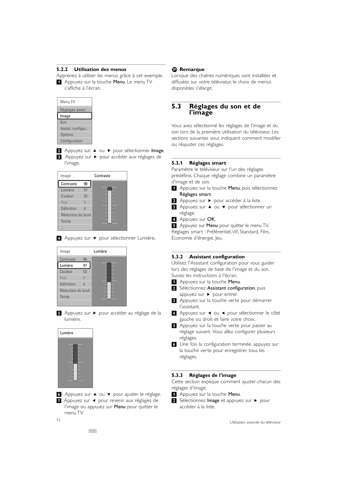 Philips 47PFL7403 manual Réglages du son et de limage, Utilisation des menus, 1 Réglages smart, Assistant configuration 