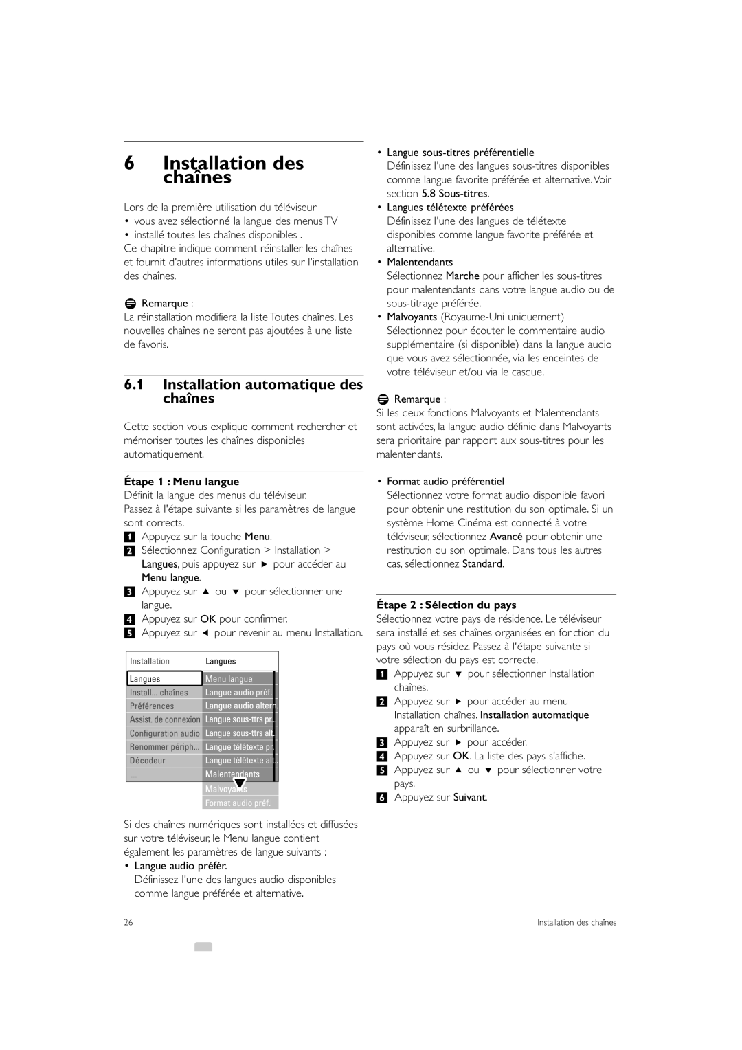 Philips 47PFL7403, 37PFL7403 manual Installation des chaînes, Installation automatique des chaînes, Étape 1 Menu langue 