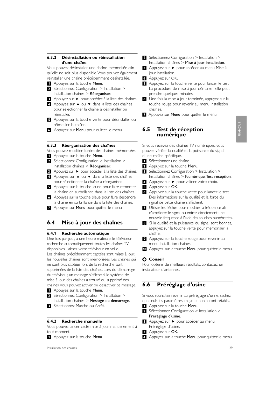 Philips 37PFL7403, 47PFL7403 manual Mise à jour des chaînes, Test de réception numérique, Préréglage dusine 