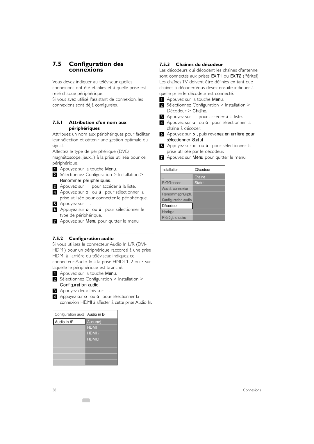 Philips 47PFL7403, 37PFL7403 manual Configuration des connexions, Attribution dun nom aux Périphériques, Configuration audio 