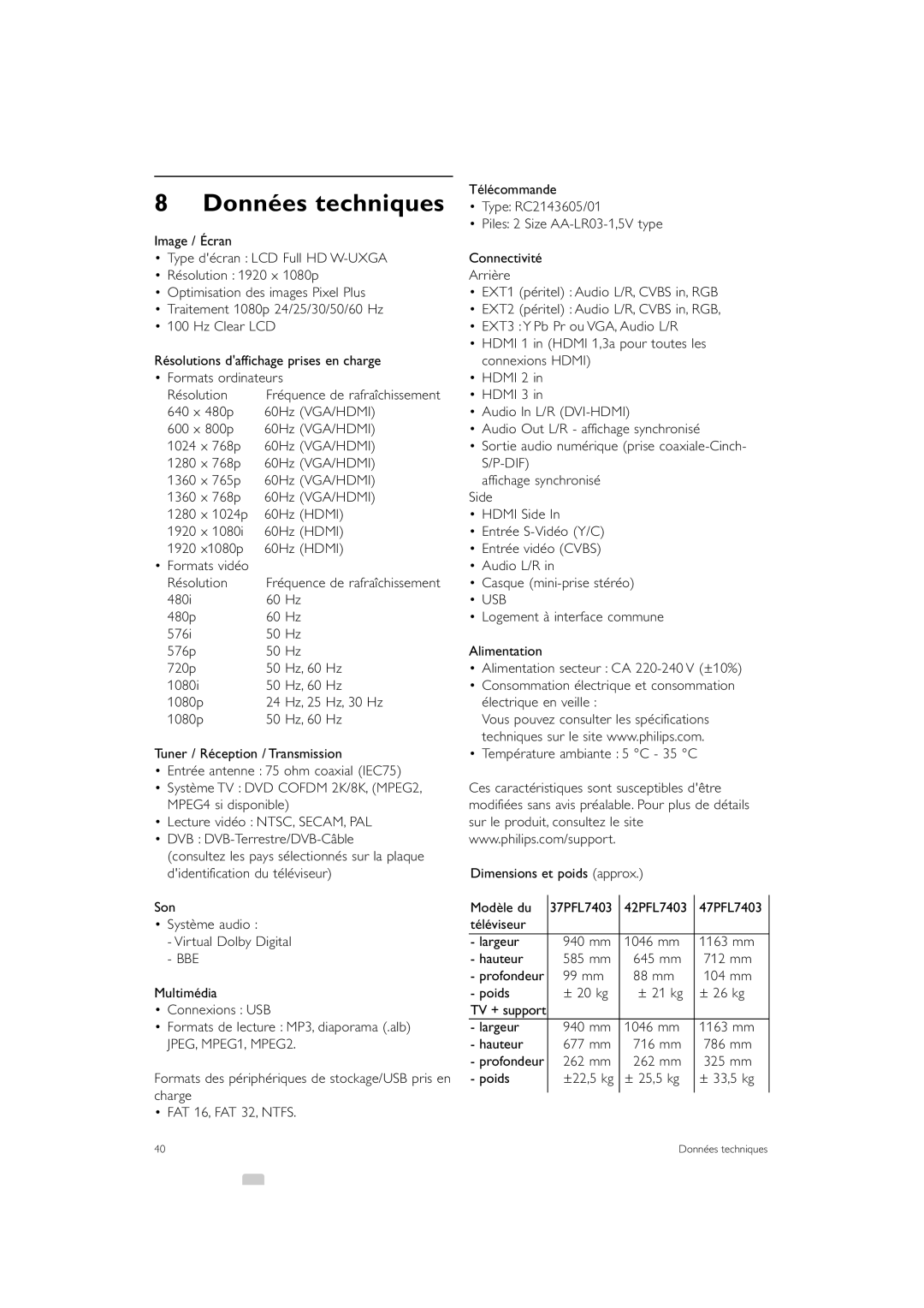 Philips 47PFL7403, 37PFL7403 manual Données techniques 