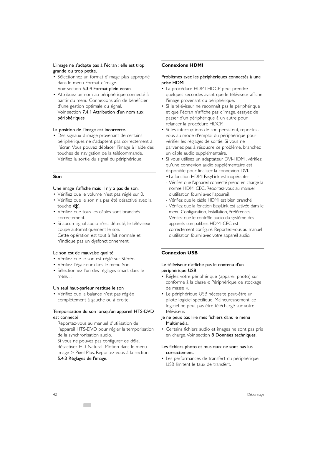 Philips 47PFL7403, 37PFL7403 manual Son, Connexions Hdmi, Connexion USB 