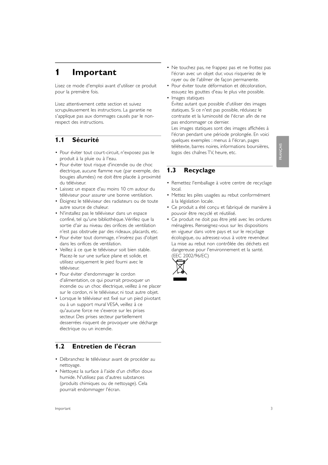 Philips 37PFL7403, 47PFL7403 manual Sécurité, Recyclage, Entretien de lécran, Images statiques 