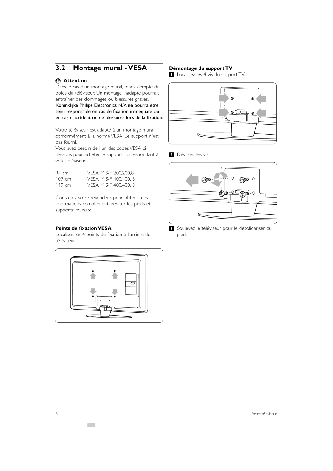 Philips 47PFL7403, 37PFL7403 manual Montage mural Vesa, Points de fixation Vesa, Démontage du support TV 