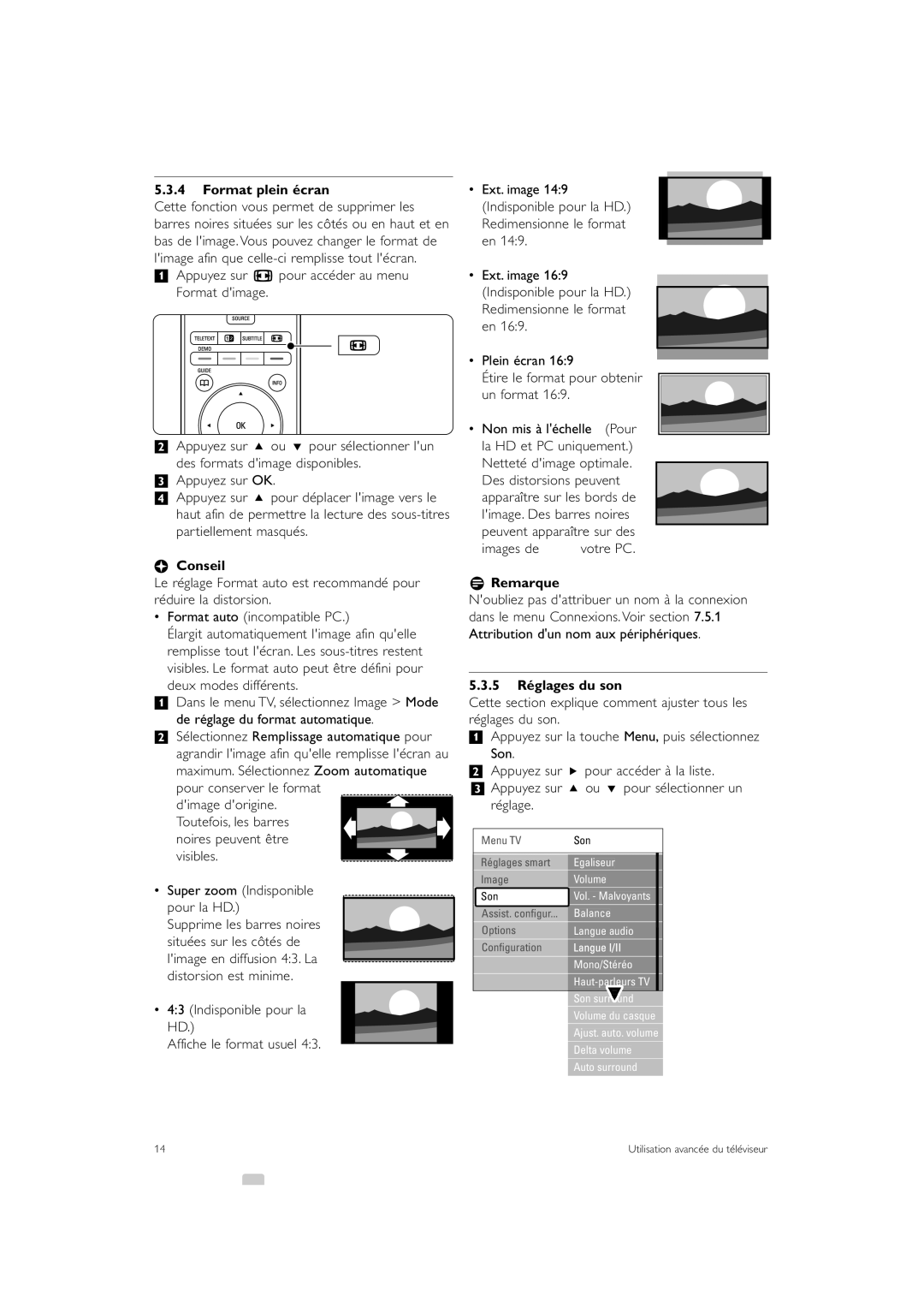Philips 47PFL7403 Format plein écran, à Conseil, 5.3.5 Réglages du son, ‡ Appuyez sur q pour accéder au menu Format dimage 
