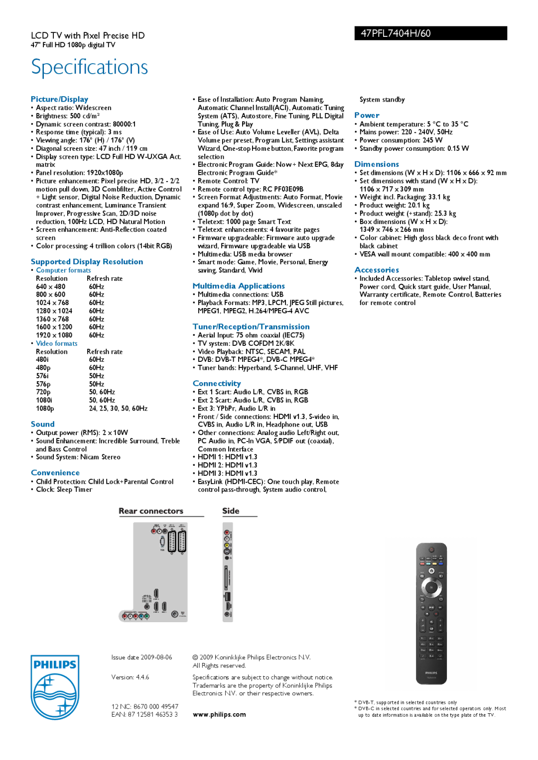 Philips 47PFL7404H manual Picture/Display, Supported Display Resolution, Sound, Convenience, Multimedia Applications, Power 