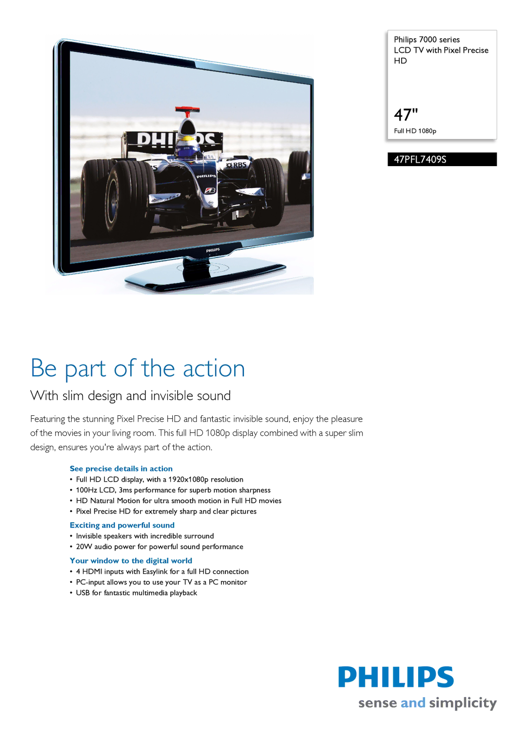 Philips 47PFL7409S manual See precise details in action, Exciting and powerful sound, Your window to the digital world 