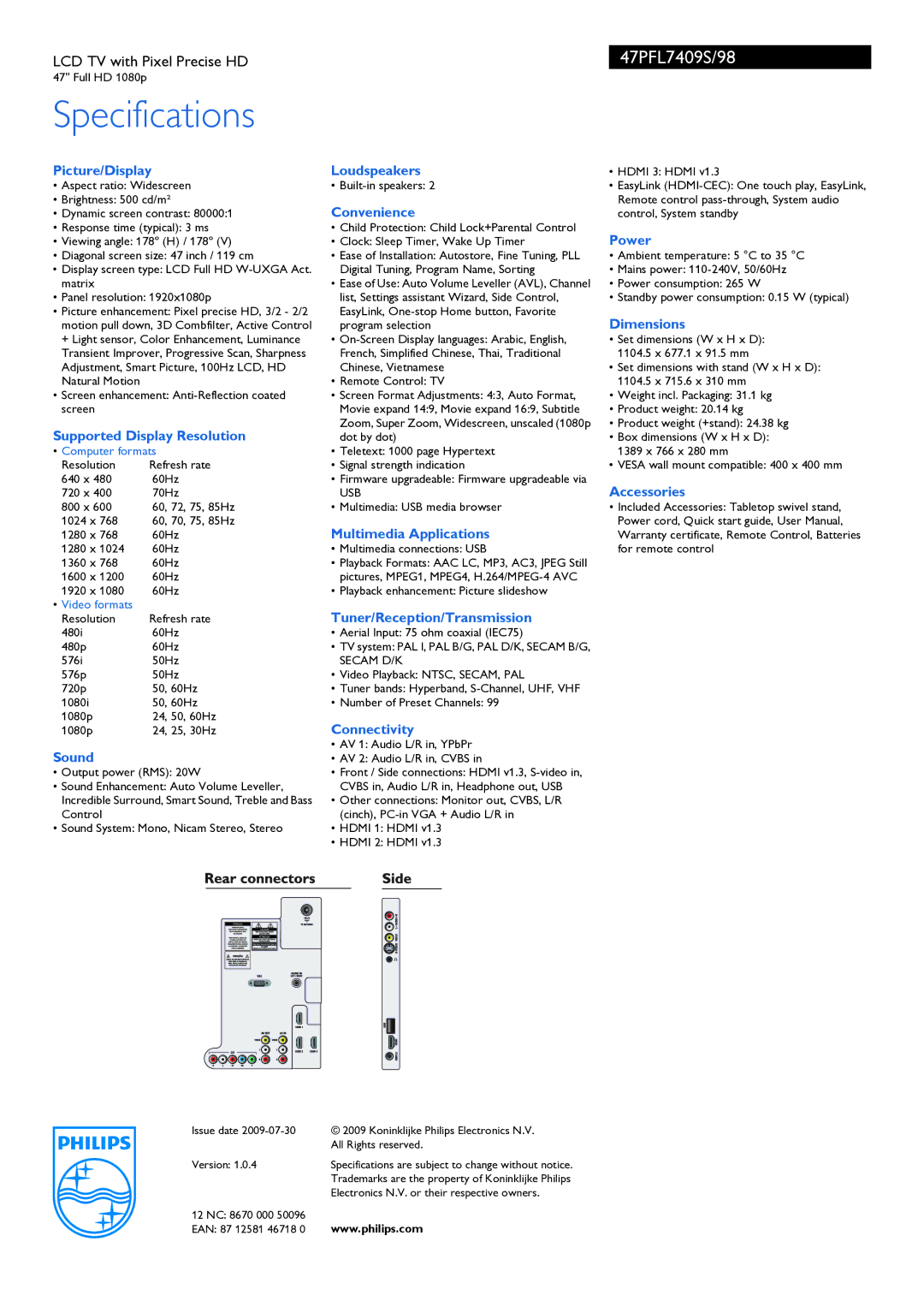 Philips 47PFL7409S Picture/Display Loudspeakers, Convenience, Power, Dimensions, Supported Display Resolution, Accessories 