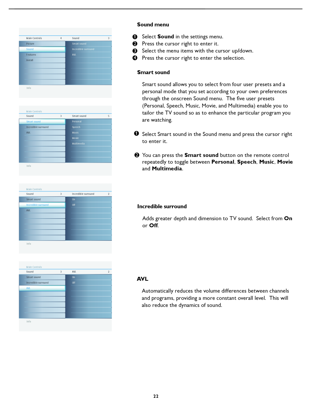 Philips 32PFL7422, 47PFL7422, 42PFL7422 Sound menu, Smart sound, Incredible surround, Select Sound in the settings menu 
