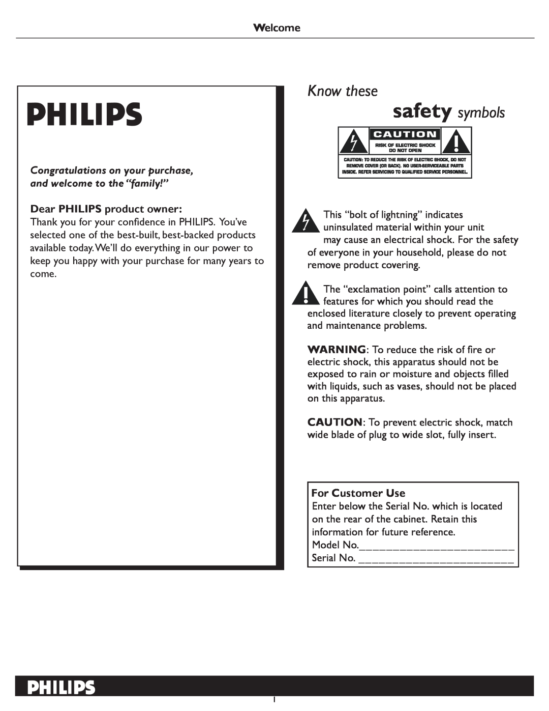 Philips 37HF7005, 47PFL7422 safety symbols, Know these, Congratulations on your purchase, and welcome to the “family!” 