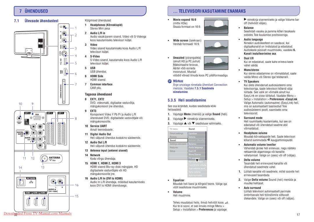 Philips 47PFL7433D manual Heli seadistamine, Tagaosa ühendused 