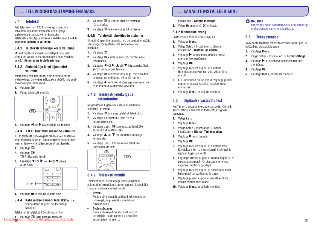 Philips 47PFL7433D manual Televiisori Kasutamine Enamaks Kanalite Installeerimine, Teletekst, Digitaalse vastuvõtu test 