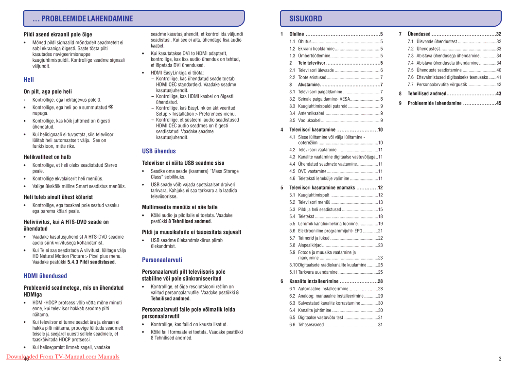 Philips 47PFL7433D manual Sisukord, Heli, Hdmi ühendused, USB ühendus, Personaalarvuti 