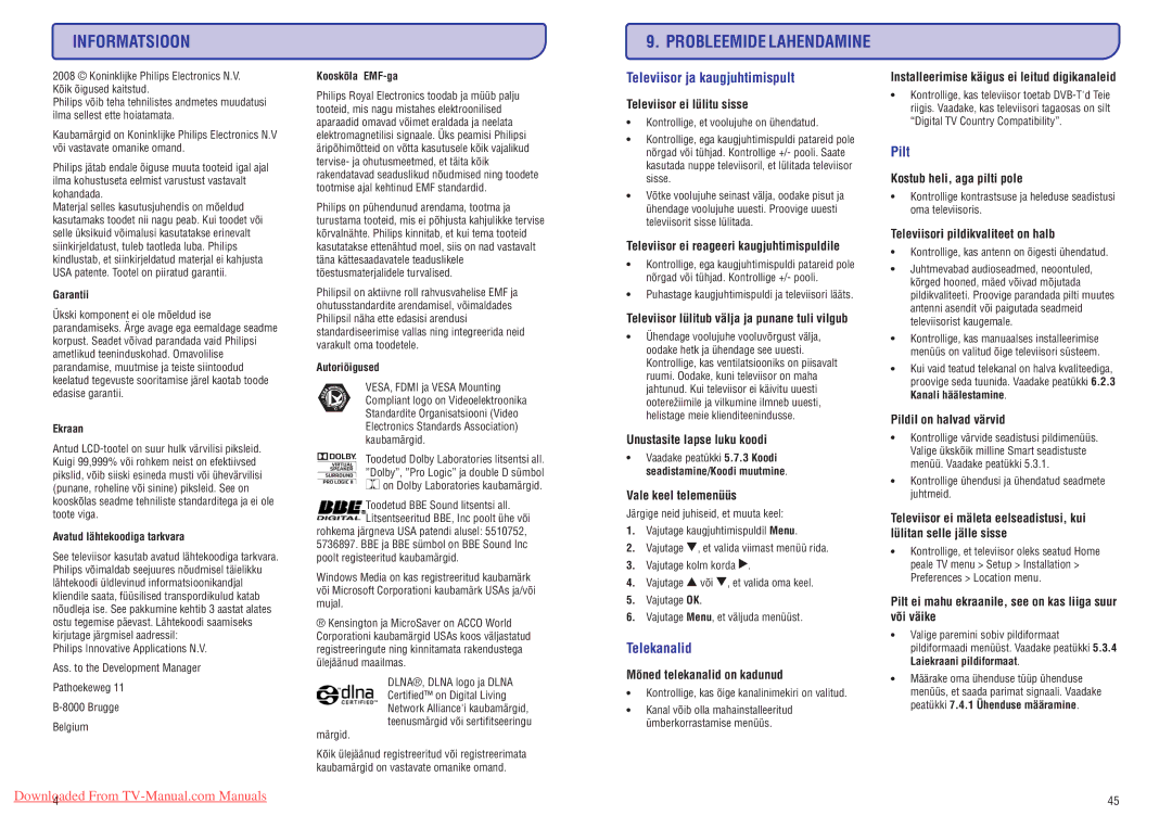 Philips 47PFL7433D manual Informatsioon, Televiisor ja kaugjuhtimispult, Telekanalid, Pilt 