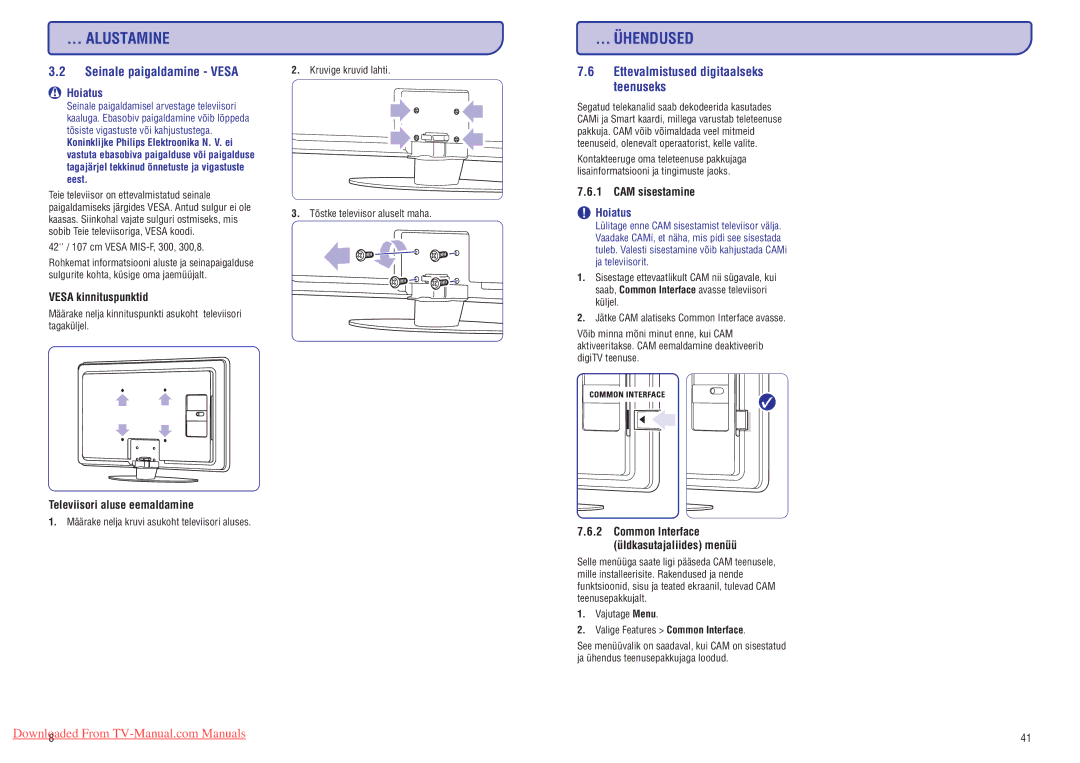 Philips 47PFL7433D manual Seinale paigaldamine Vesa, Ettevalmistused digitaalseks teenuseks, Vesa kinnituspunktid 