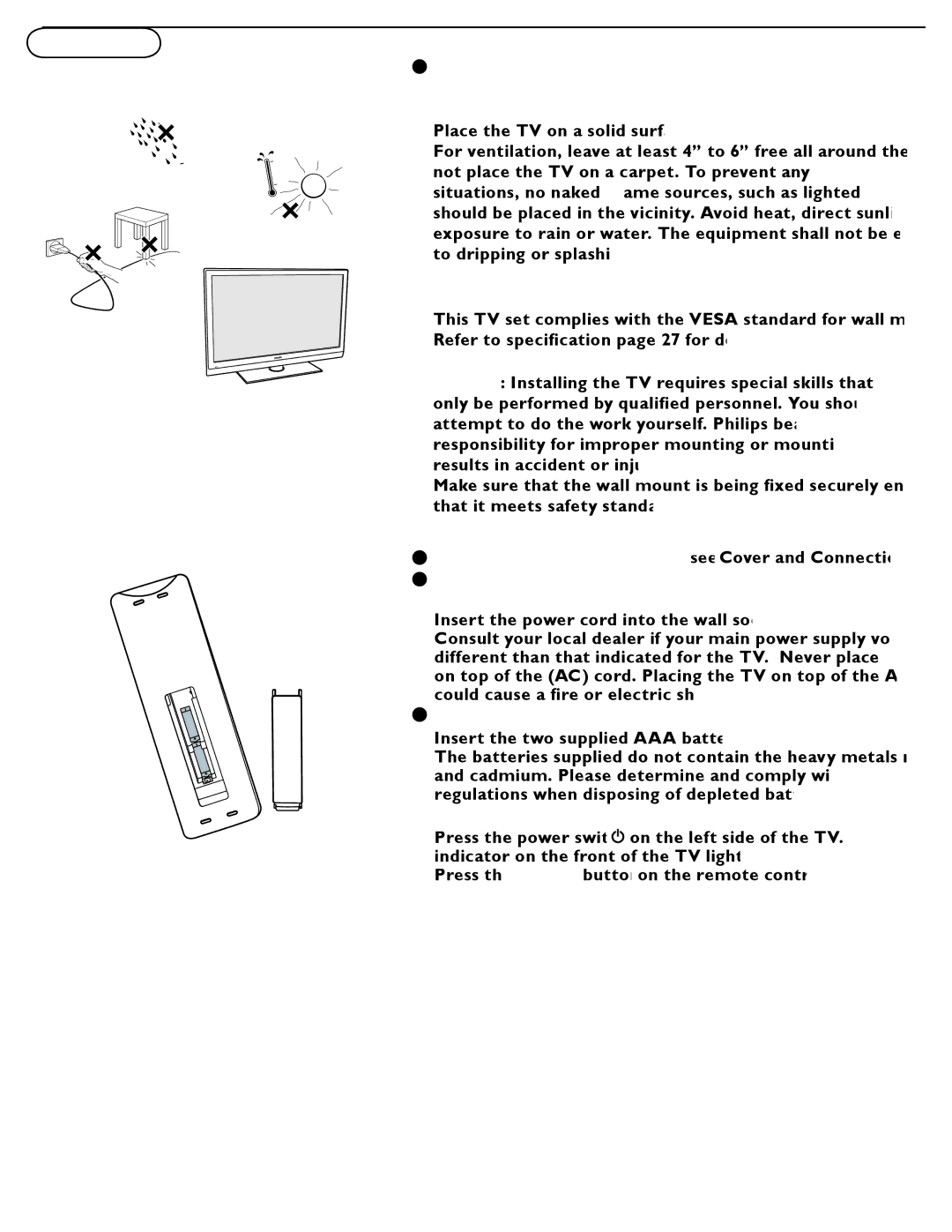 Philips 47PFL7482 user manual Mounting the TV on the wall, Remote control, Turn the TV on 