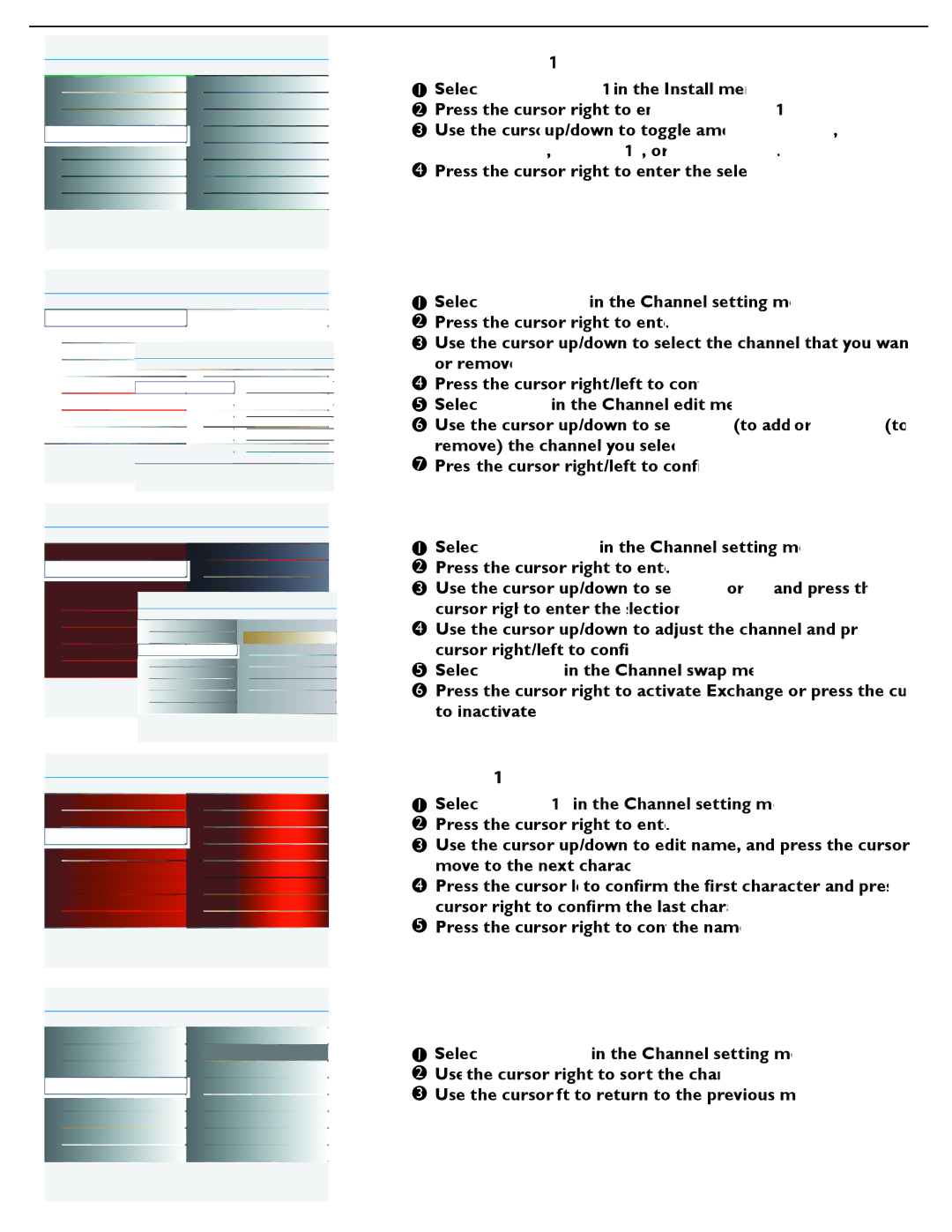 Philips 47PFL7482 user manual Channel setting, Channel edit, Channel swap, Name edit, Channel sort 