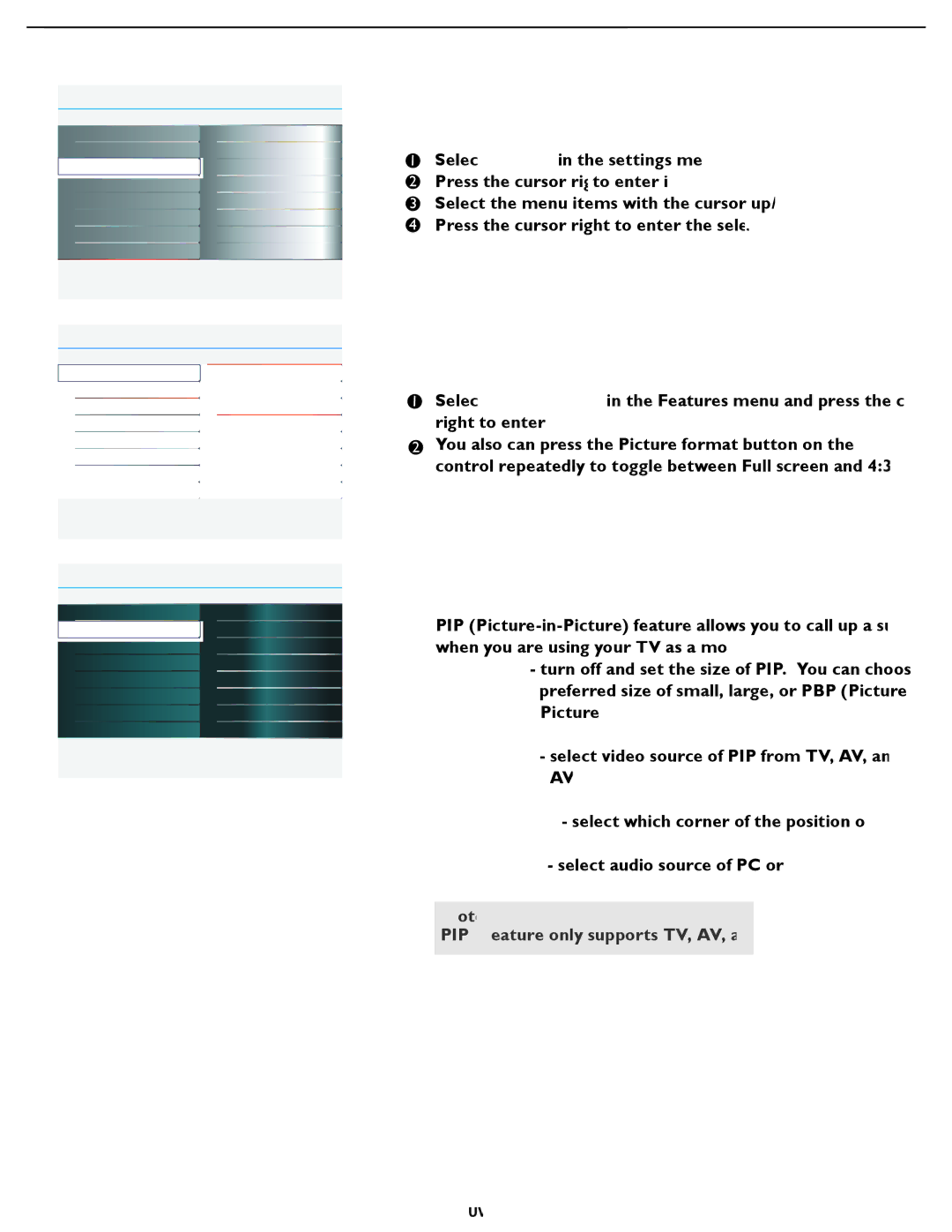 Philips 47PFL7482 user manual Features menu, Picture format, Full screen, Size, Input Position Sound 