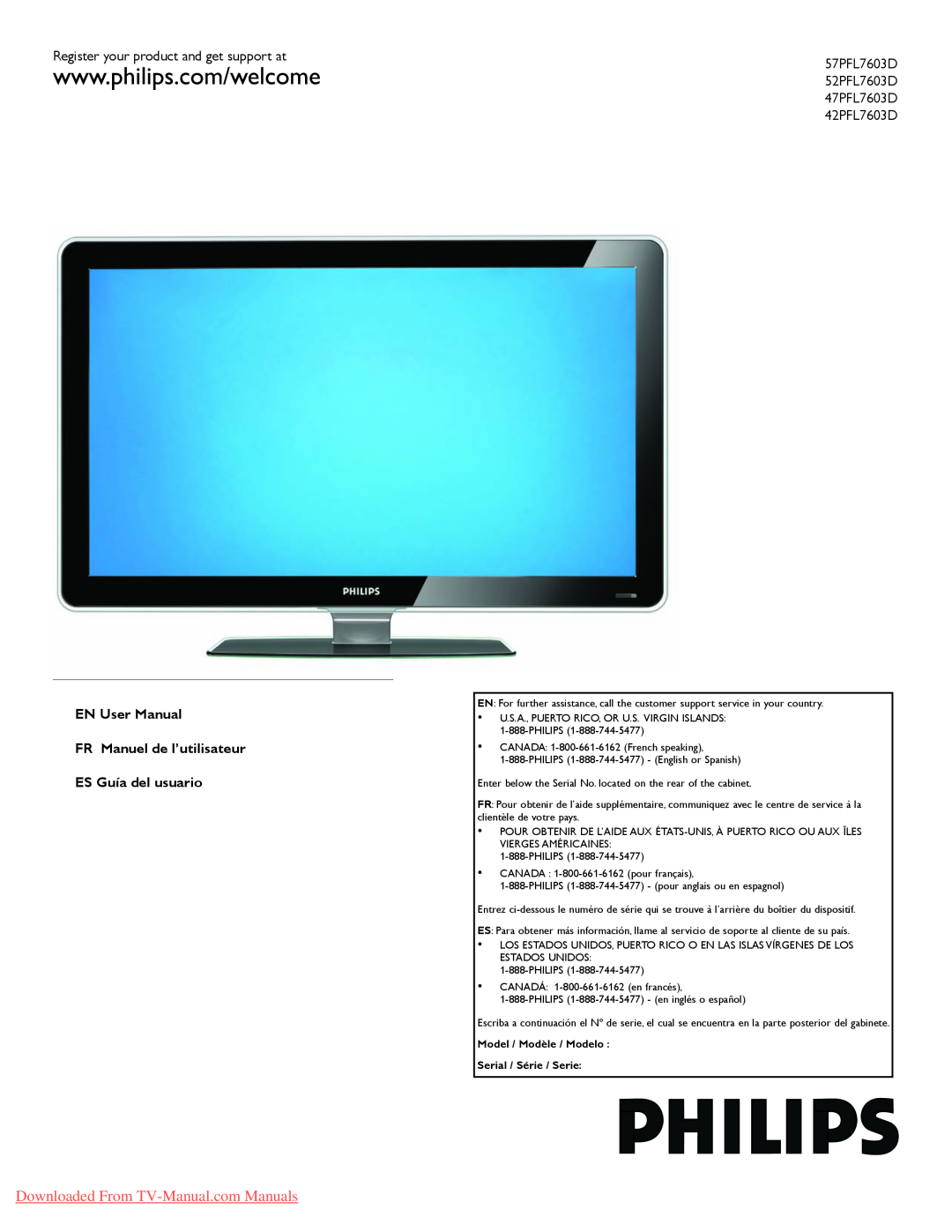 Philips 52PFL7603D, 47PFL7603D, 42PFL7603D, 57PFL7603D user manual Downloaded From TV-Manual.com Manuals 